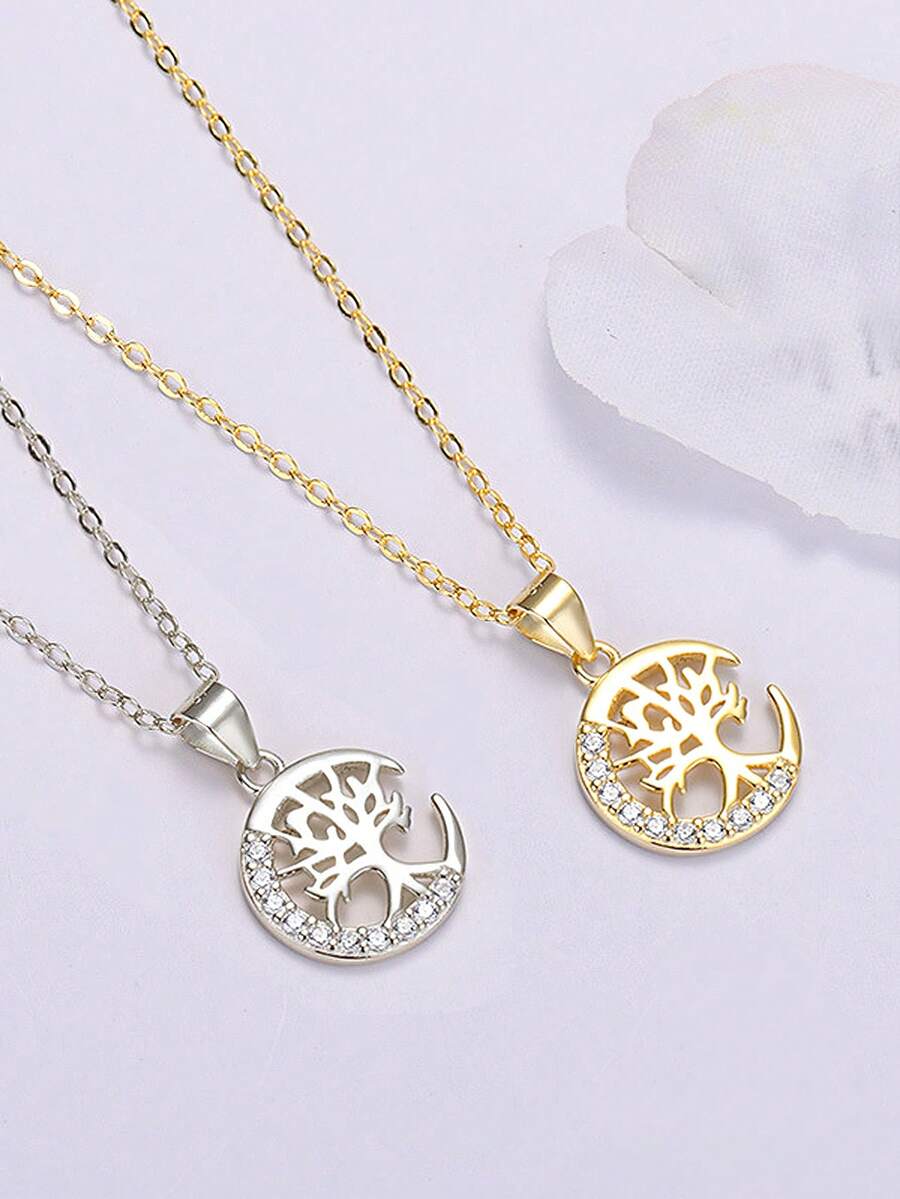 1 件 S925 纯银时尚个性化方晶锆石大树项链，女士简约空心生命树吊坠项链，奢华锁骨链，理想礼物