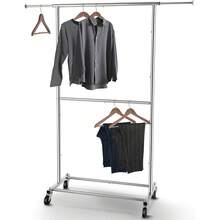 Simple Trending Double Rod Clothing Garment Rack, Rolling Clothes Organizer On Wheels For Hanging Clothes, Chrome-Yl - 1 - View 1