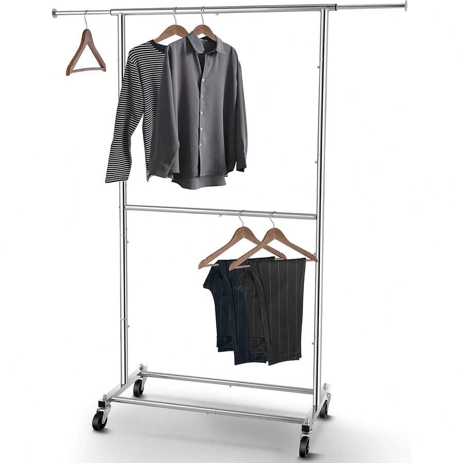 Simple Trending Double Rod Clothing Garment Rack, Rolling Clothes Organizer On Wheels For Hanging Clothes, Chrome-Yl - 1 - View 1
