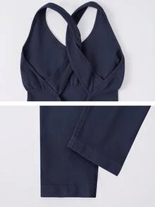 NcmRyu 1 件女式无缝弹力纯色交叉背部设计罗纹连体裤，休闲运动 - 藏蓝色 - 查看 4