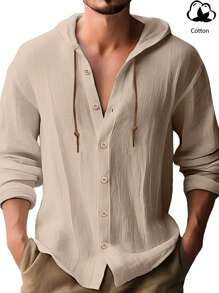 Camisa com Capuz de Algodão e Linho Masculina de Manga Longa, Leve, Macio e Respirável, Camisa com Botões Casual, Fashion, Tops/Para Uso Diário/Férias na Praia