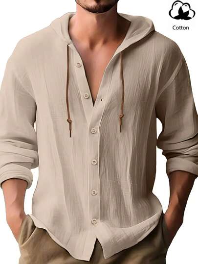 Camicia casual da uomo in cotone e lino, manica lunga, leggera, morbida e traspirante, con cappuccio e bottoni, adatta per uso quotidiano, pendolarismo, vacanze al mare, autunno