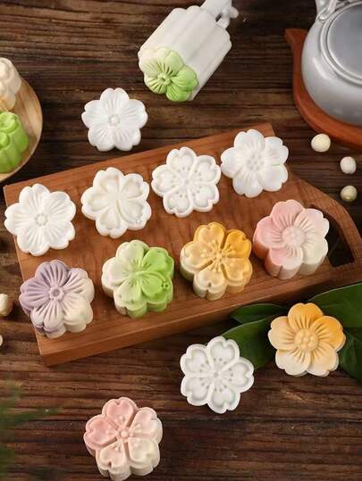 5pcs Set (4 Molds And 1 Mold), Rose Flower Shaped Mooncake Mold, 3D Sakura Cake Mold Set, Valentine's Day & Mid-Autumn DIY Mold, Hand Press Cookie Mooncake Stamp Mold, DIY Decorative Baking Tool Kitchen Cake Pastry Mold (Random Style)