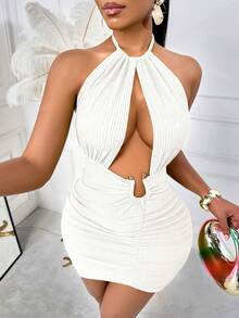 AIJ Robe moulante mini Amarilo pour femmes, avec bretelles spaghetti sexy, détail de boucle métallique, taille ajourée et froncée, pour l'été