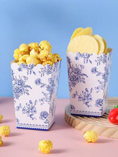 10/24 st blått och vitt porslinstillbehör, matlåda, pommes friteslåda, popcornkopp, popcornhink, födelsedagsfestdekorationer och snackslåda för hemmet, lämplig för lunchlåda, brödbutik, hamburgerrestaurang