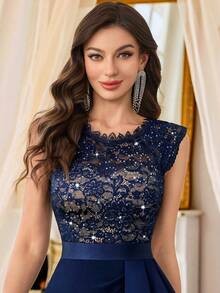 MIUSOL Classic Sequin Floral Lace Sleeveless Split Thigh Ruffle Coctail Party Fitted Dress - Navy Blue - View 8