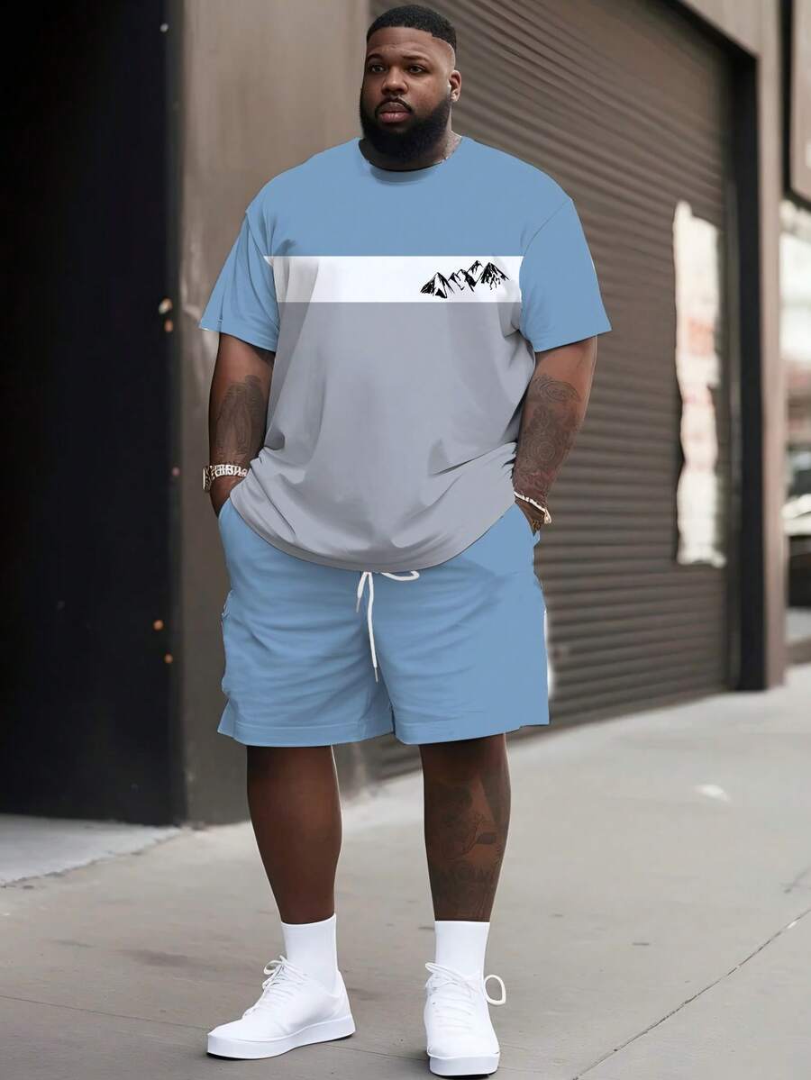 2pcs Plus Size Men's Casual Contrast Color Printed Short Sleeve T-Shirt & Shorts Set, With "Mountain And Rivers" Design, Round Neck Tee Paired With Drawstring Shorts - Baby Blue - View 1