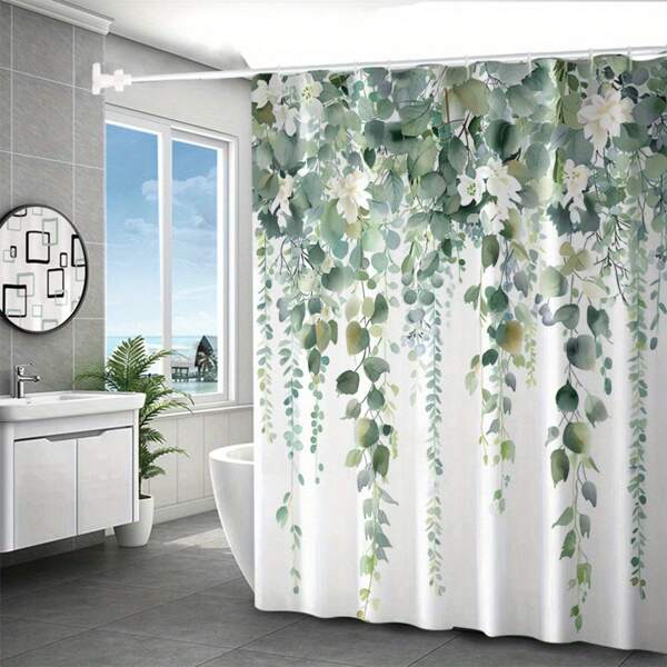 1pc Botanical Garden Vibrant White Flowers And Green Leaves Design Shower Curtain, Non-Light-Blocking Polyester Fabric With Hooks, Windows And Walls Bathtub Bathroom Home Decoration Shower Curtain, All Season Universal Room Decor Bathroom Accessories Back To School