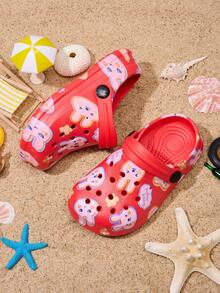 1 par de zuecos de playa cómodos y de moda con estampado de conejo para niñas, primavera/verano - Rojo - Ver 2