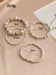 4pcs/Set Fashionable Love & Beaded Bracelet, Faux Pearl Bracelet Set Valentine's Day Accessories - Multicolor - View 2
