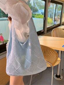 Yogodlns Breathable Crochet Large Capacity Tote Bag For Women, Girls, Summer Hollow Out Knitting Shoulder Bag, Women's Casual Lightweight Crochet Beach Handbag, Suitable For College, Outdoor, Travel, Vacation - Blue - View 4