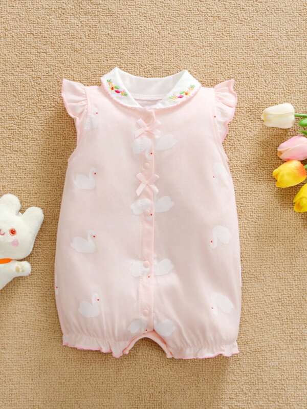 WhaleJoan 1 pièce Body court à volants pour bébé fille avec imprimé cygne rose, manches courtes, avec nœud, été