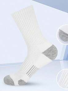 3pairs Men's Plus Size Elastic Basketball Sports Mid-Calf Socks, White For Autumn And Winter, Fall