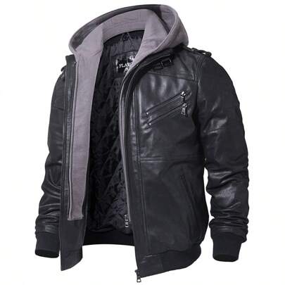 Avant-Garde - Biker Style              Men's  Motocycle  Geuine  Leather Jacket  Removable Hood