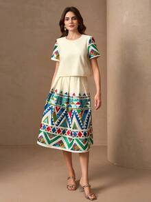 Elegant Charming Cute Jacquard Fabric Two Pieces Set, Ethnical Style Lightweight Luxury Sleeveless Top And Pleated Skirt - Multicolor - View 4