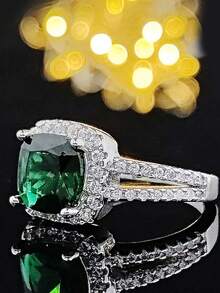 MOONSO 1pc Luxury Elegant Diamond-Encrusted Four-Claw Cubic Zirconia Ring For Women, Suitable For Weddings, Parties, And Daily Wear - Green - View 2