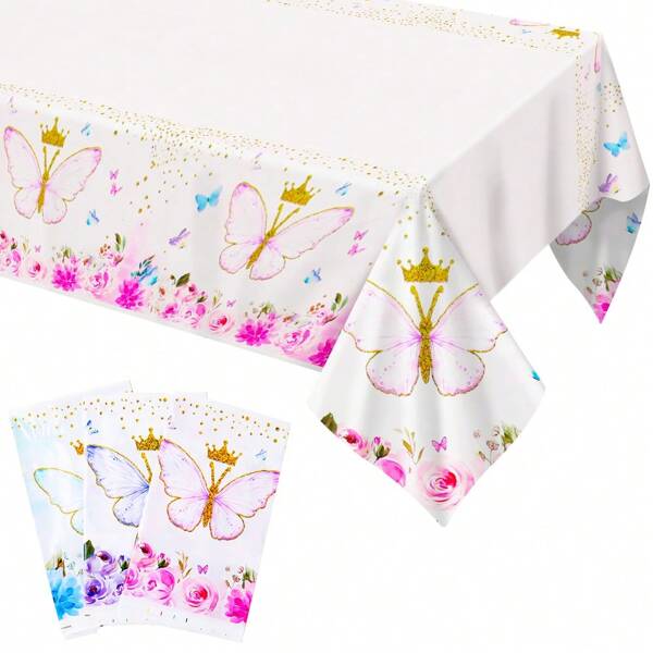 1pc Butterfly Design Birthday Party Tablecloth - With Golden Crown And Rose Floral Pattern, Suitable For Birthday Celebration And Restaurant Decoration