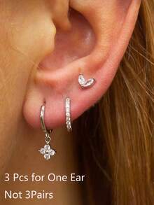 3 件不锈钢耳垂耳环，14K 镀金闪亮 CZ 耳环套装，白色锆石花朵风格耳钉，适合女士女孩 - 銀色 - 查看 6