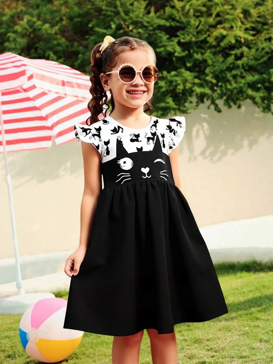 Seven Princess Robe d'été à manches courtes, taille cintrée et coupe évasée avec imprimé chat mignon, pour jeunes filles. Style décontracté de princesse pour vacances.