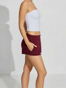 Pantalones cortos de yoga casuales de verano para mujer, color liso, cintura elástica, estilo jogger holgado. - Rojo - Ver 2