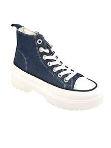 Women Thick Sole Casual Canvas Sneakers For Everyday Wear - Navy Blue - View 4