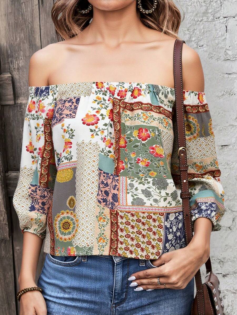 Blusa de verano con estampado floral y hombros descubiertos ajustable para mujer: estilo cómodo e informal, perfecto para unas vacaciones relajantes - Marrón Mocha - Ver 1