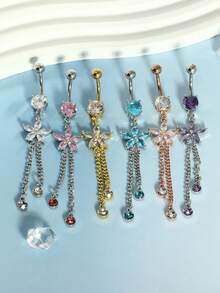 1pc 14G Dangle Belly Button Ring Piercing Jewelry Stainless Steel Heart Flower CZ Reverse Navel Rings Dangling Belly Button Ring Piercing Jewelry For Women 14 Gauge Hypoallergenic Chain Long