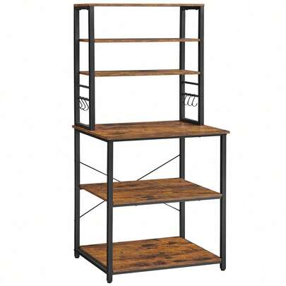 Kitchen Storage Rack, Coffee Bar, Baker's Rack, Total 6 Shelves And 6 Hooks, For Microwave, Steel Frame, Industrial, Rustic Brown And Black
