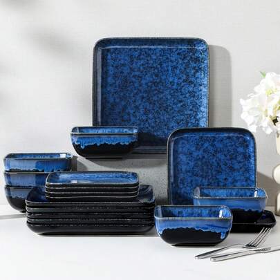 vancasso 18 Pcs Ceramic Dinnerware, Blue Porcelain Tableware Set Including Dinner Plates, Desserts Plate And Bowls, Square Plate And Bowl, Dinnerware For 6