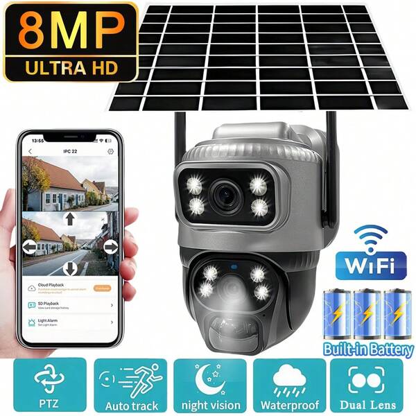 SWVW Kamera WiFi V380 z podwójnym obiektywem Solar PIR Wykrywanie człowieka Wizja nocna Wodoodporna kamera IP do monitoringu 8MP 4K Wbudowana bateria Monitor CCTV, 2.4GWIFI Zewnętrzne i wewnętrzne kamery do monitoringu domowego, bezprzewodowe kamery WIFI, kamery IP