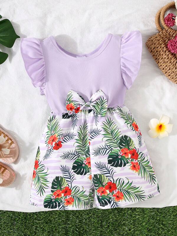 1pc Girls/Toddlers Casual Soft Knit Fabric Romper With Flutter Sleeves, Suitable For Outdoor Wear, Spring/Summer