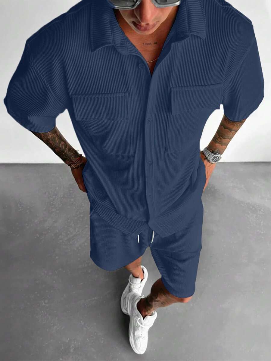 全新夏季男士纯色多口袋纽扣衬衫 + 抽绳短裤两件套，基本款休闲假日运动装，舒适装 - 藏蓝色 - 查看 1