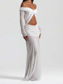 Women's Halter Long Dress Off Shoulder Long Sleeve Solid Color Chiffon Dress - White - View 2