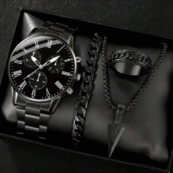 Men's Black Wrist Watch Set With Arrow Pendant And Accessories