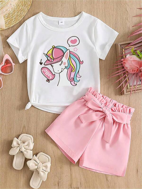 Conjunto de blusa de manga corta con estampado de dibujos animados y shorts con cintura tipo papel para niñas jóvenes