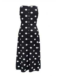 Vestido elegante de talla grande con cuello en V y sin mangas - Estampado de puntos negros y blancos de moda, diseño de abertura alta, de poliéster ligero, informal y elegante para primavera/verano - Blanco y Negro - Ver 3