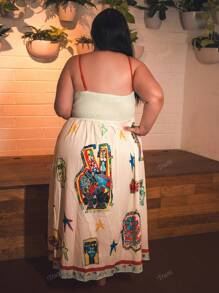 Truni Plus Size Women Digital Printed Patchwork Dress With Adjustable Straps Bohemian Style A-Line Dress For Spring And Summer