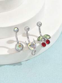 3 Pieces Set Silver Stainless Steel Red Cherry Belly Button Rings Body Jewelry For Women, Western Belly Button Piercing Jewelry, Cherry Decor Navel Ring Piercing Summer Beach Jewelry Accessories Suitable For Mother'S Day, Birthdays And Gifts - Silver - View 3