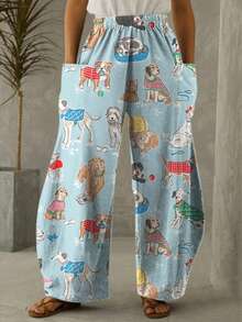 New Casual Cartoon Animal & Flower Print Knitted Fabric Pocket Pants, Suitable For Daily Wear, Dates, Travel, Airport, All Season