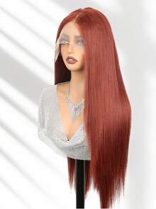28 Inch 13*6 Synthetic Lace Front Hair Wigs Long Straight Hair Rust Brown Black Color Heat Resistant Fiber Hair Natural Look For Fashion Women Wear Daily Cosplay Holiday Party - Rust Brown - View 7