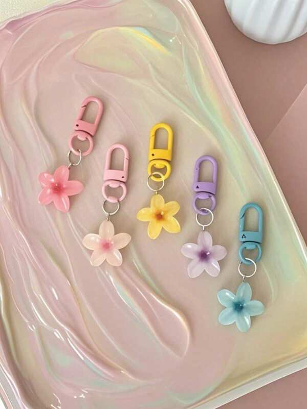 5 pièces/set Porte-clés fleur transparente colorée, jolis porte-clés, décoration de sac/écouteur, cadeaux de fête des mères, remise des diplômes (5 couleurs aléatoires)