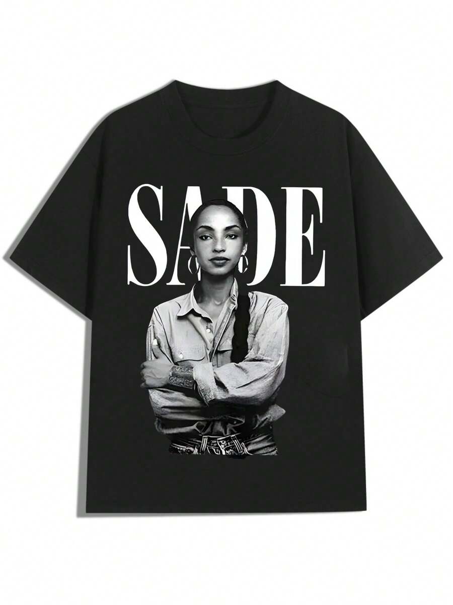 Sade Portrait Design,Casual Print,Comfortable And Versatile,Pure Cotton 220g Printed T-Shirt,Unisex Style - 黑色 - 查看 1