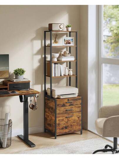 3-Drawer Filing Cabinet, File Cabinet For Home Office, With Height-Adjustable Open Shelves, For A4, Letter-Size Hanging File Folders, Steel Frame, Rustic Brown