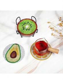 8pcs Fruit Design Diamond Painting Coaster Set With Holder, DIY Diamond Art Coaster Craft Kit Suitable For Beginners - Multicolor - View 2