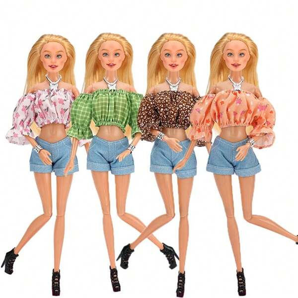 Set di abbigliamento da 11,5 pollici con camicia a fiori con maniche a bolla e shorts, abiti in stile da viaggio con scarpe e collana per bambole BJD 1/6, accessori