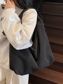 大号和小号纯色休闲帆布单肩包，大容量大学生手提包，可折叠，轻便，多口袋和拉链开合，适合日常使用、购物、短途旅行、露营