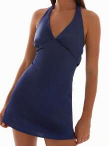 Women's Halter Neck Tank Dress Sleeveless Deep V Neck Solid Color/Floral Beach Dress