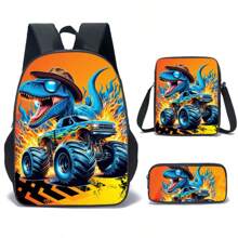3pcs Dinosaur-Black/Green/Colours Themed Backpack Set With Lunch Box & Pencil Case&Storage Bag - Polyester, Lightweight, Fashionable Mixed Colors
