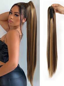 24 Inch Long Straight Ponytail Hair Extensions Synthetic Fake Pony Tails Hairpieces Clip In Ponytail Extension For Women Girls Daily - Multicolor - View 23