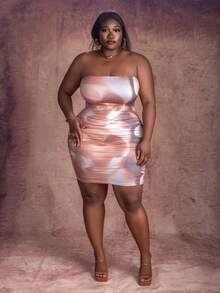 CurvyTilda Tildaharris Plus Size Women Marble Printed Strapless Bodycon Party Dress For Women (Random Floral Print), For Hourglass Body Shape - Brown - View 1